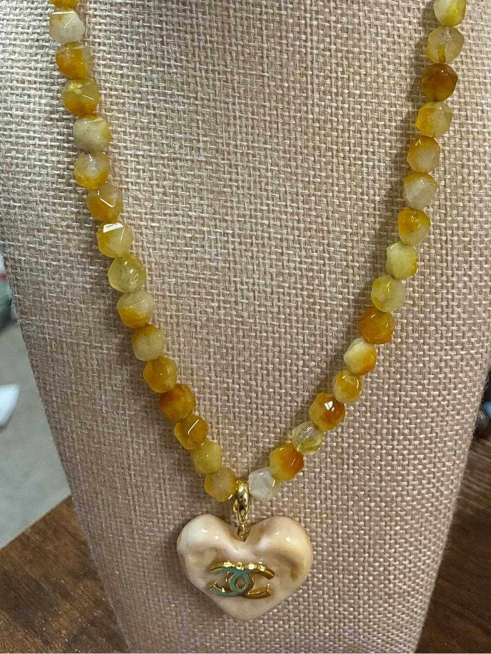 Yellow Natural Chrystal Necklace with Heart Pendant